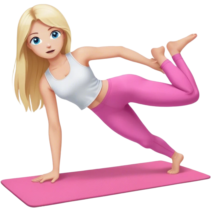 A cinematically realistic blonde with long hair and blue eyes, dressed in a white top and pink leggings, performs a sports exercise on a mat emoji