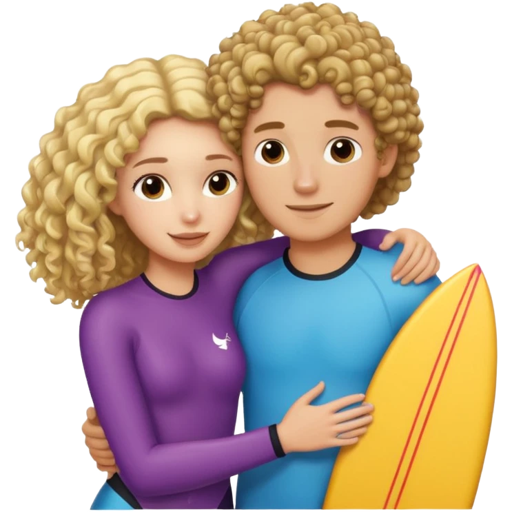 Curly haired brunette hugging blond straight haired surfer dude emoji