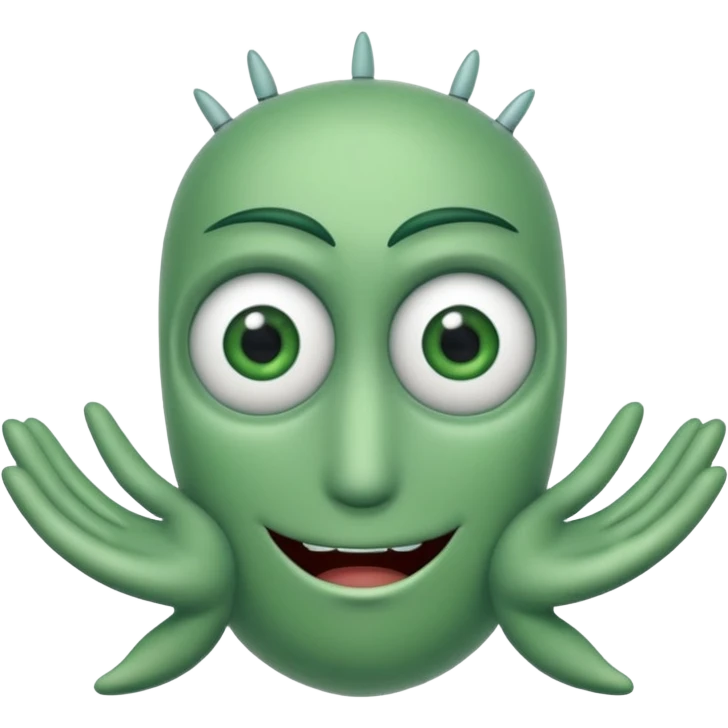 Plankton from Spongebob, plotting, hands together, green, one eye emoji