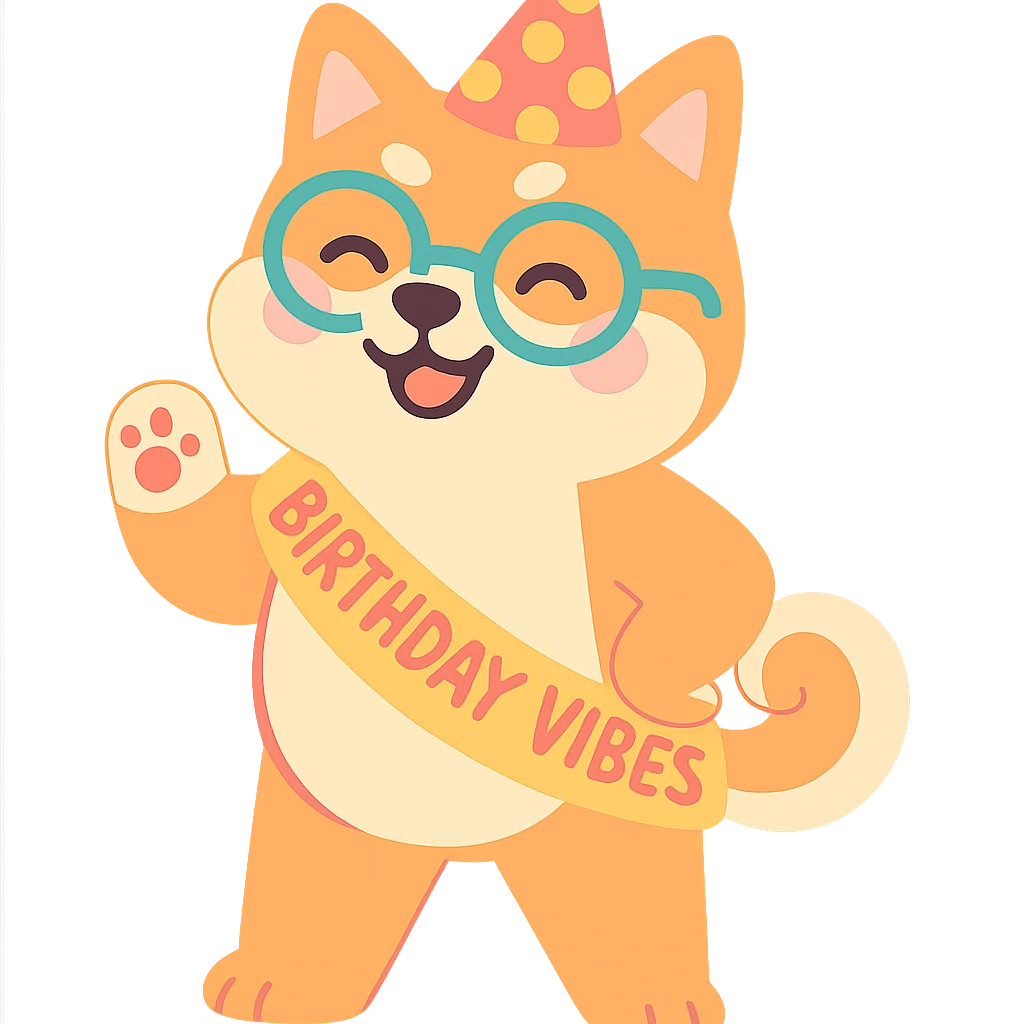 Shiba Inu wearing a "Birthday Vibes" sash and glasses, pastel-toon style, transparent background emoji