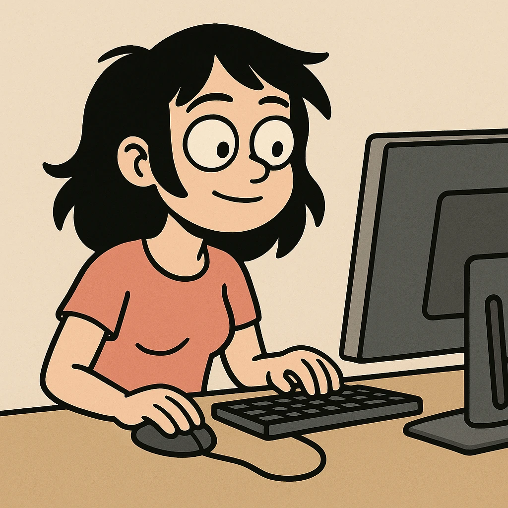 girl with black hair at a desktop computer, cartoon style emoji