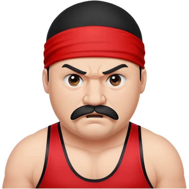 White skin fat guy with prominent black durag, short black beard and mustache, black eyes in a red and black wrestling singlet with angry face emoji