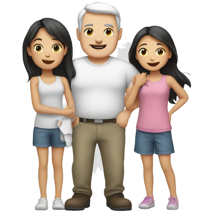 white dad and 3 young asian daughters emoji