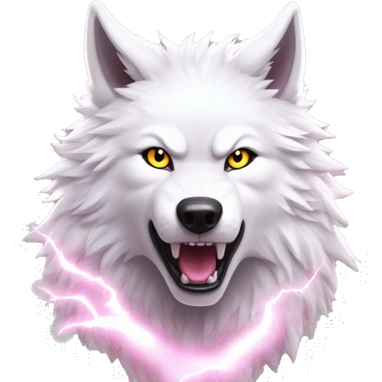 Lightning running sparkling glitter white wolf snarling huge eyes sun halo black white pink red yellow emoji