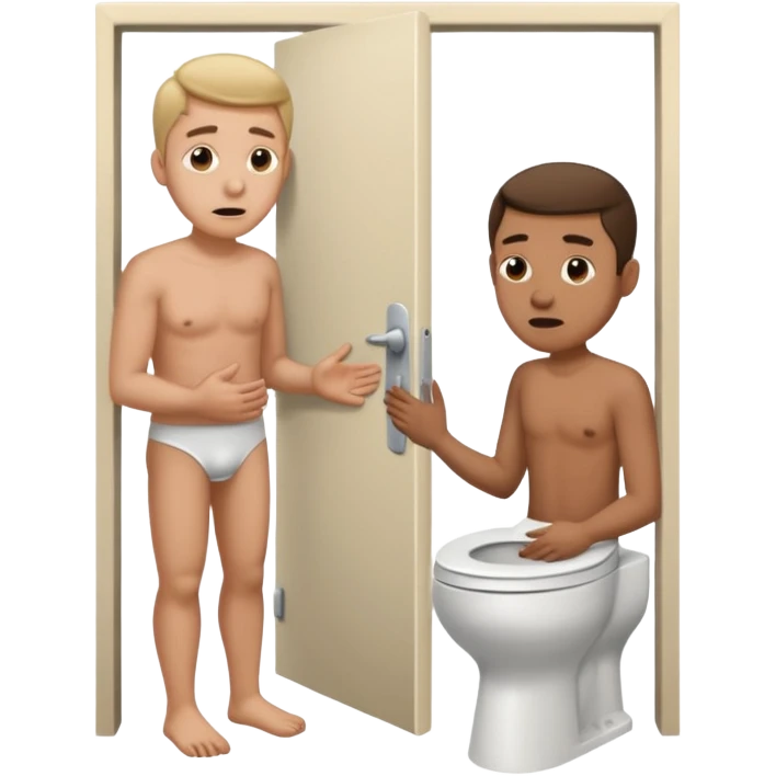 Man using the toilet while the other man is banging on the door begging holding it emoji