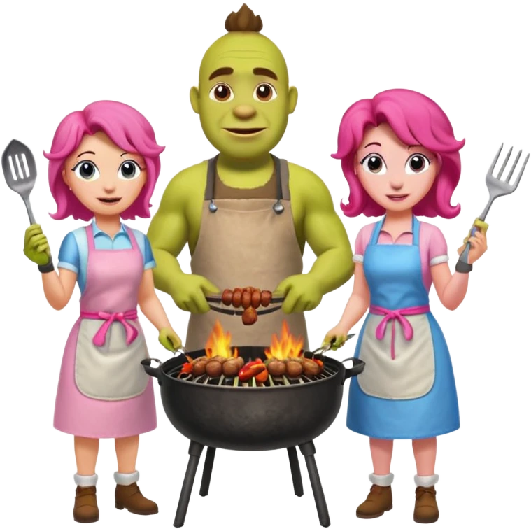 Shrek is grilling shashlik with Luntik and Pinkie Pie. emoji