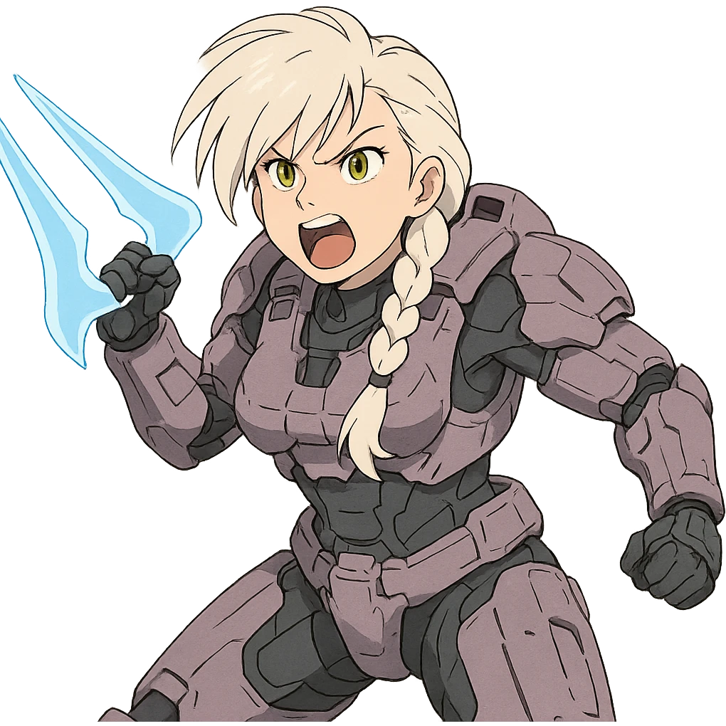 female, wearing reach spartan armor default, long white braid hair with massive messy front side single bangs, gold yellow eyes, attention pose, HALO:series, no helmet, the armor is lavender color scheme, shoulder pad off. DDD bust size fitting. Punk gothic cyberpunk, brandishing a covenant energy sword, preparing to swing and yelling emoji