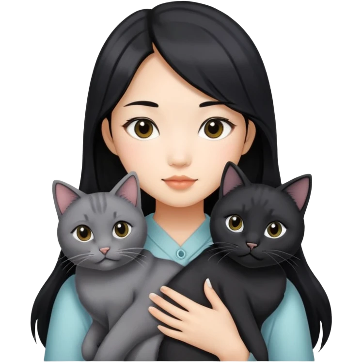 An Asian girl with medium long black hair with grey highlights, holding two black cats  emoji