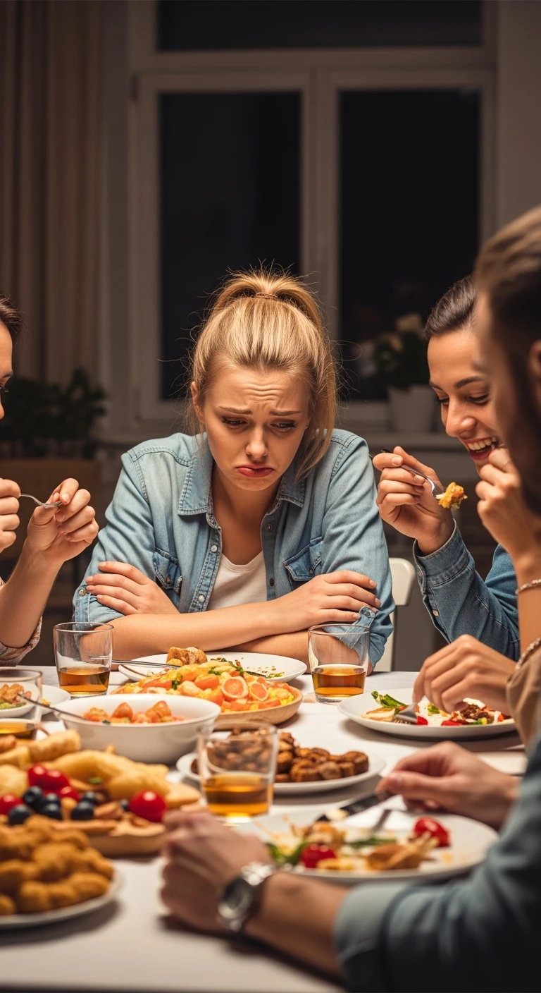 GRUPPO DI AMICI A TAVOLA FELICI MENTRE MANGIANO, MENTRE UNA PERSONA CHE è CON LORO NON SI STA DIVERTENDO, NON MANGIA E HA UN'ESPRESSIONE TRISTE, ESPRESSIONE DI DOLORE IN VOLTO, iperrealistico 4k emoji
