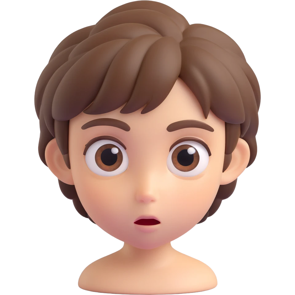 apple-style 3D emoji of a young person with short tousled brown hair, smooth skin, big expressive eyes, surprised expression, soft shadows, glossy plastic texture, bright pastel colors, fun cartoonish look, head centered, neutral background emoji