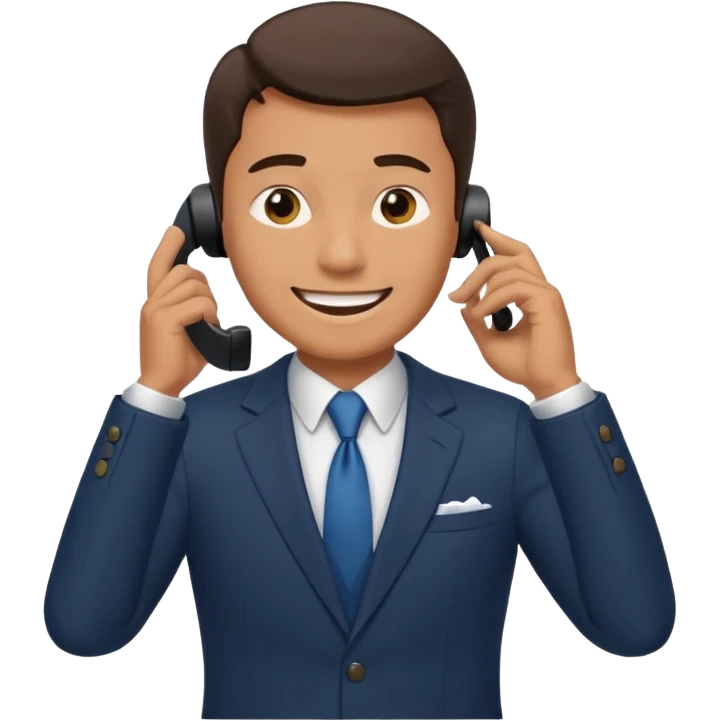 A man on the phone about to make a complaint but happy emoji