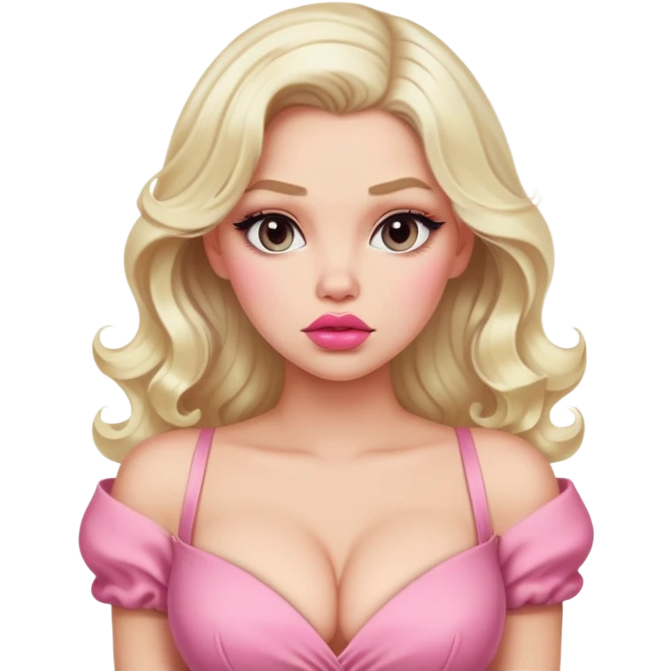 gorgeous woman with platinum wavy blonde hair with big puffy pouting lips, wearing a pink dress with cleavage emoji