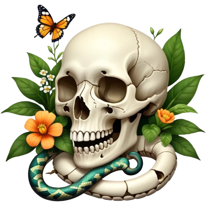 Bird skull with plants, flowers, snake, butterflies  emoji