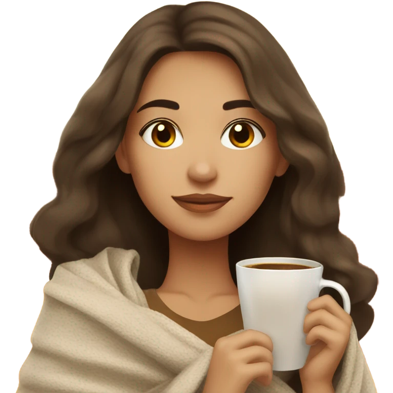 Brunette girl autumn with blanket and coffee emoji