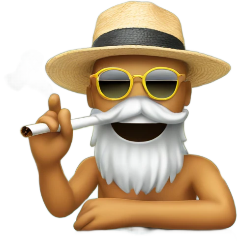 smoking by the poolside with hat that spells SMOKE emoji