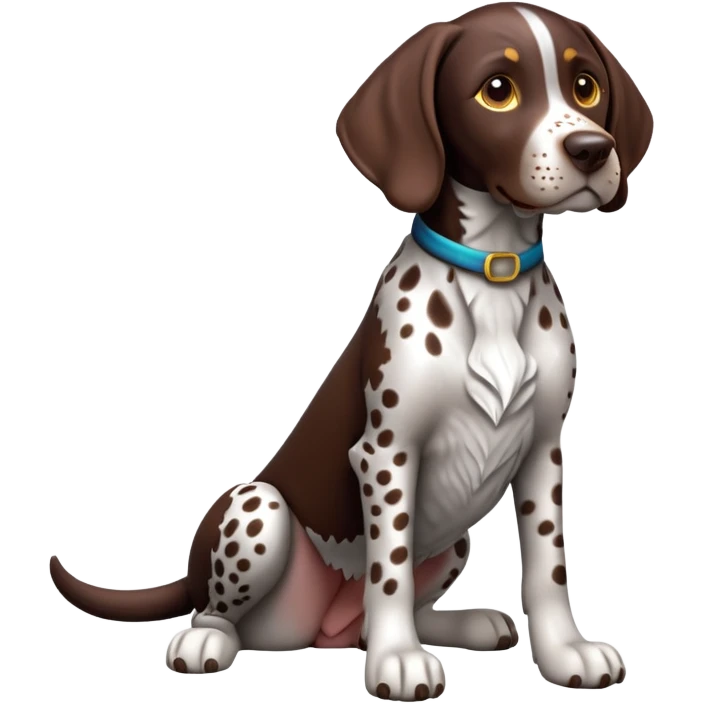 cinematic-[german pointer]-realistic-full-body-sitting-emoji,-tail-resting-loosely-beside-its-paws,-head-tilted-dramatically,-sleek-[brown and white spotted]-fur,-simplified-yet-realistic-focused-features,-highly-detailed,-glowing-with-an-almost-sarcastic-glow emoji