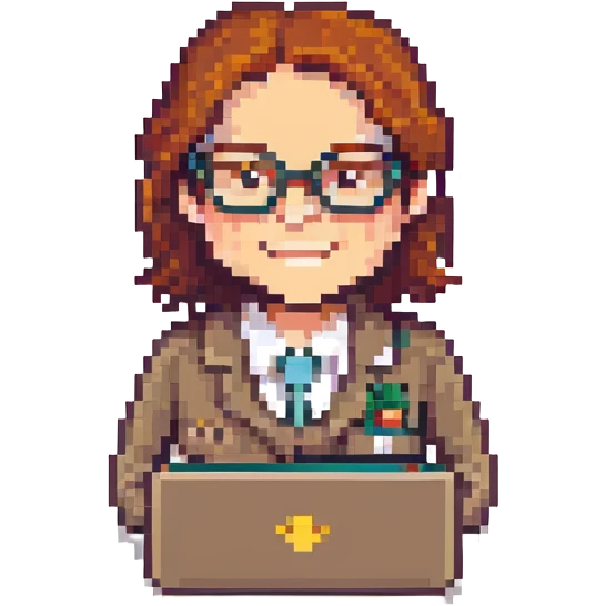 8-bit pixel art icon of a recruiter Mega Man style with glasses holding a laptop smiling emoji