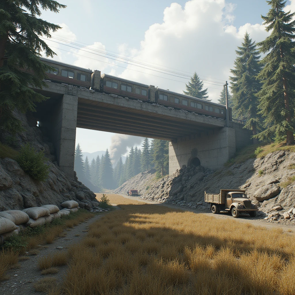  a screenshot of a location in a videogame  the image of the scene consists of:  [above-ground train freeway partially collapsed], a wooded area, a small field of wheat, sandbag barricades. distant smoke. uneven terrain, derelict vintage work trucks, more distant smoke. polluted and war-torn emoji