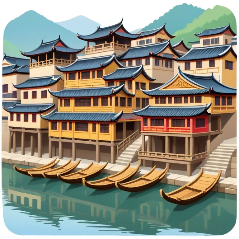Fenghuang Ancient Town with wooden stilt houses by river, simplified emoji style with bold outlines and bright colors, cartoon style traditional Chinese buildings emoji