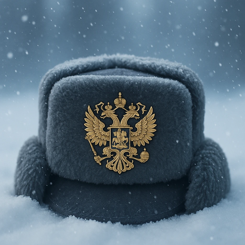 Russian ushanka hat with the emblem of Russia in a snowy background emoji