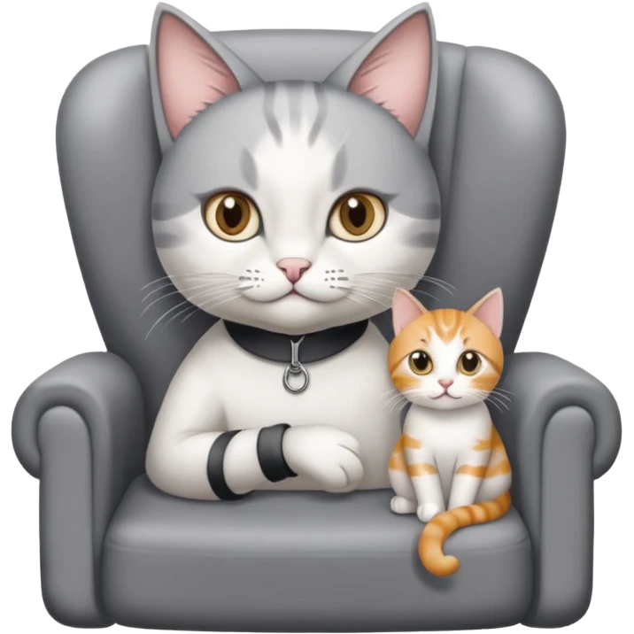 grau weiße Katze sitzt auf einem Sessel mit Stift und Block in der Hand emoji