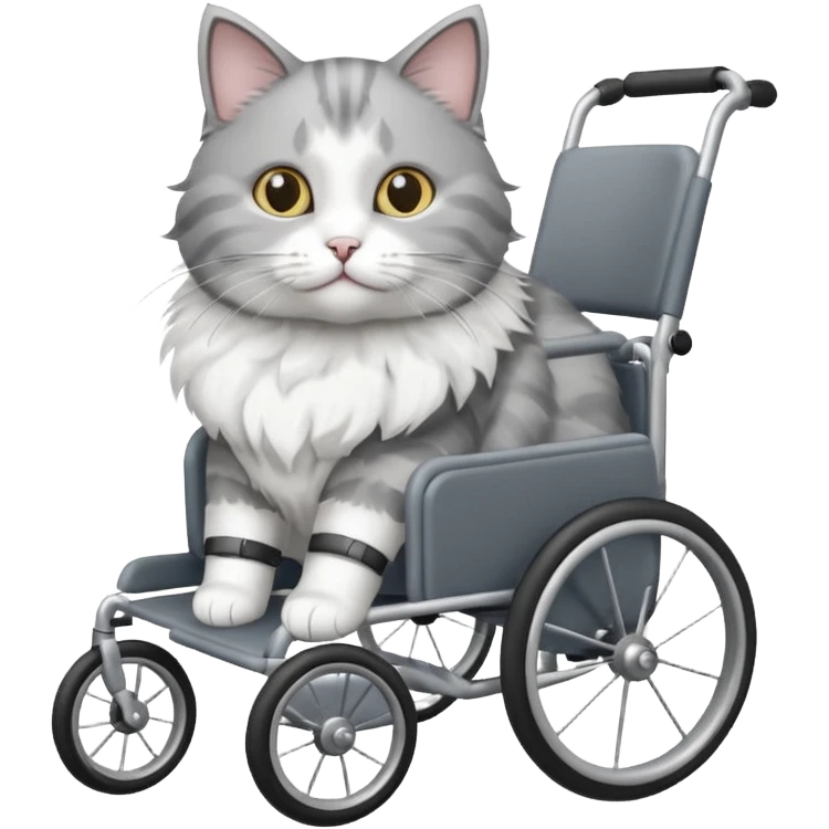 grey and white cat in a cat walking wheelchair emoji