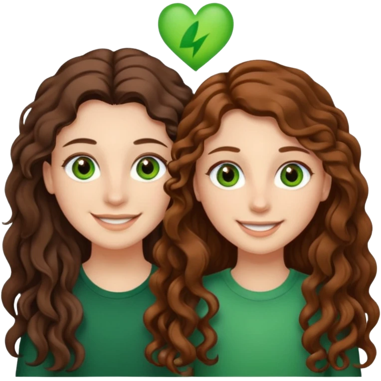 Two besties: 1: long straight brown hair, green eyes 2: long curly brown hair, brown eyes emoji