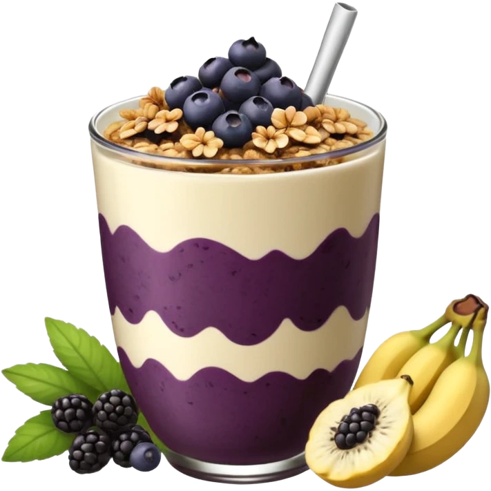 Vaso con açai, que lleve granola plátano arándanos y frutillas emoji