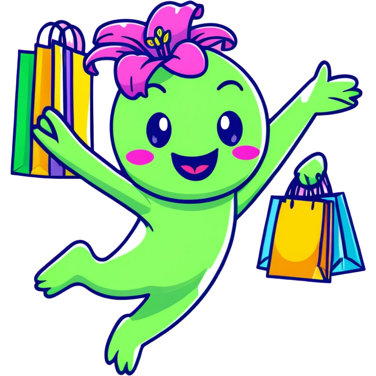 pastel magenta lily flower with sparkling eyes and open mouth, jumping with joy while holding shopping bags, round and bouncy emoji