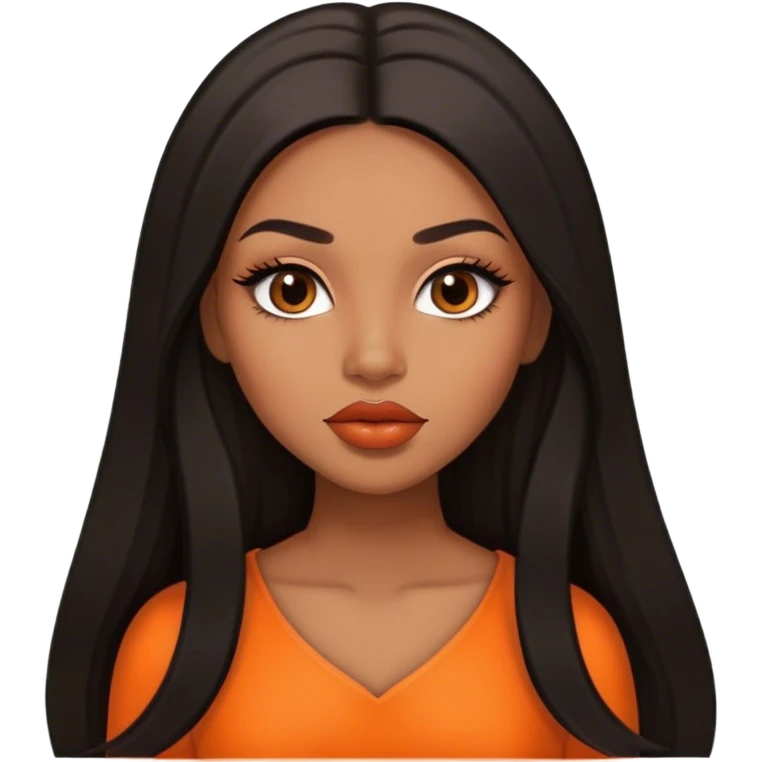 light brown skin tone, very beautiful woman, with big plump lips, long long lashes, black long straight hair, middle hair parting, brown eyes, orange dress emoji