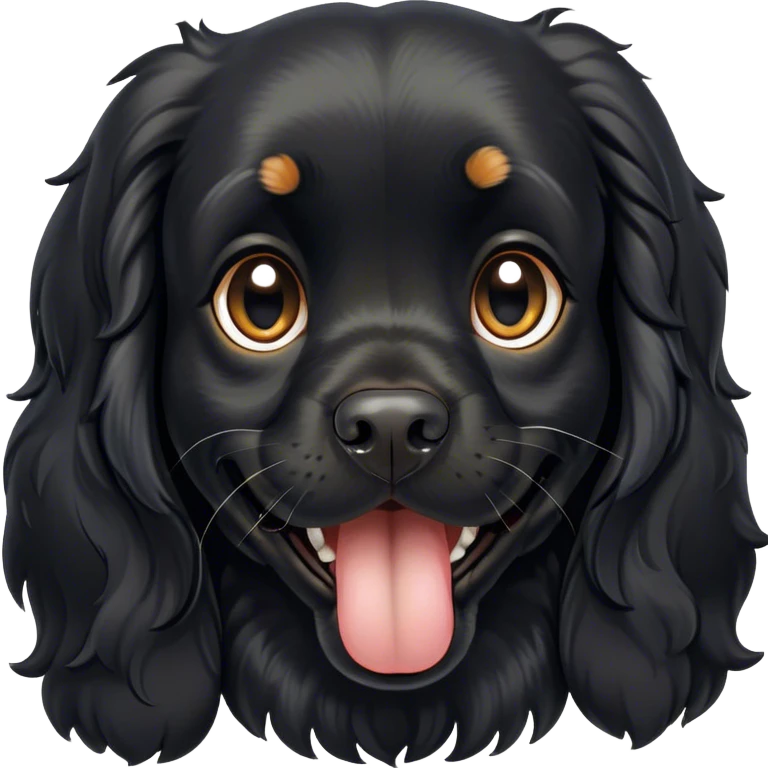 Cinematic Comical Black Cocker Spaniel Portrait Emoji, Head tilted dramatically with an exaggeratedly amused expression, featuring a shiny black coat with noticeable tan accents, wide, expressive dark eyes filled with playful disbelief, Simplified yet hilariously expressive features, highly detailed, glowing with a slightly sassy glow, high shine, dramatic yet playful, stylized with an air of cheeky mischief, bright and endearing, soft glowing outline, capturing the essence of a spirited and over-the-top companion, so meme-worthy it feels like it could side-eye its way into internet fame instantly! emoji