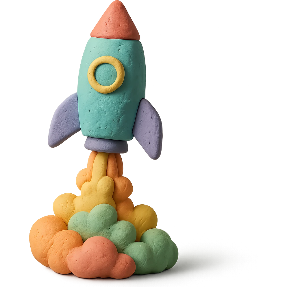 rocket ship blasting off with colorful smoke, matte finish, pastel colors, visible fingerprints, claymation style emoji