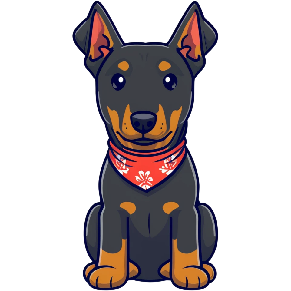 Doberman dressed as a bandit with a bandana and a mischievous expression emoji