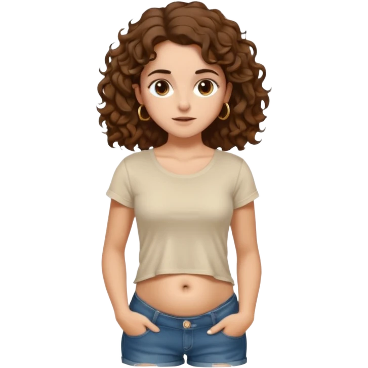 full body, very beautiful italian girl, dark brown eyes, looking like Emma Watson, with curly and big volume very bright brown hair, and a golden piercing ring in nose on left side, pulling up

 emoji