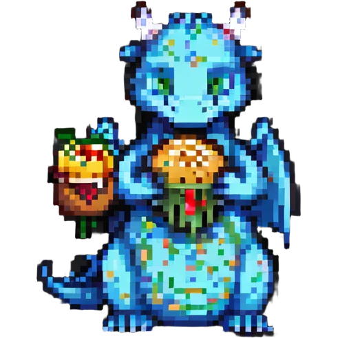 a dragon eating a cheeseburger, pixel art style emoji