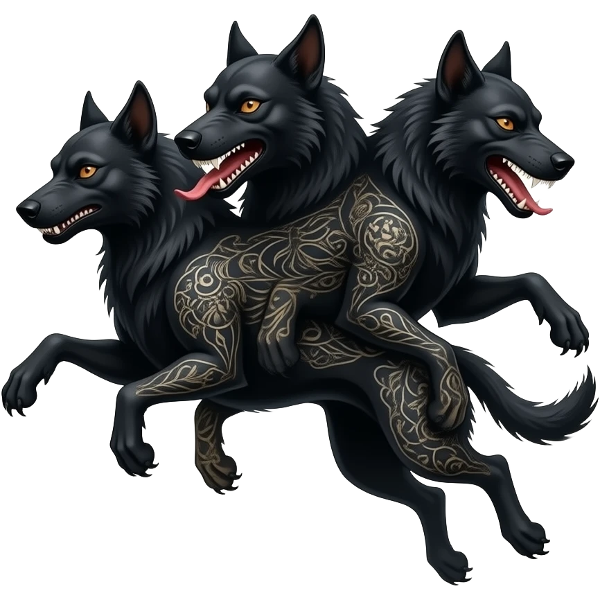 cinematic - cerberus, a three-headed creepy black hellhound in a jump, in smoke, tattooed emoji
