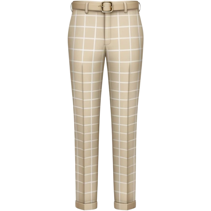 beige dress pants with distinct white grid pattern, formal trousers with clear white check pattern, cuffed hem, tailored pants with white plaid design, isolated garment only emoji
