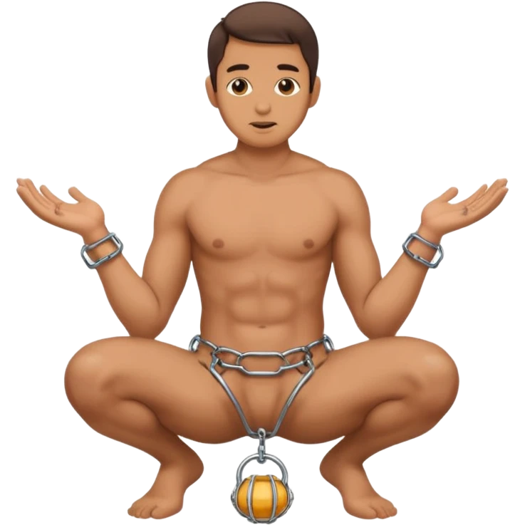 Submissive man on his knees wearing a chastity cage on his little penis emoji