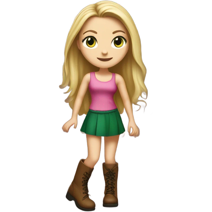 Realistic White girl with Long straight blonde hair, green eyes, tattoos, full body wearing pink dress and Brown knee-high leather boots, dancing emoji