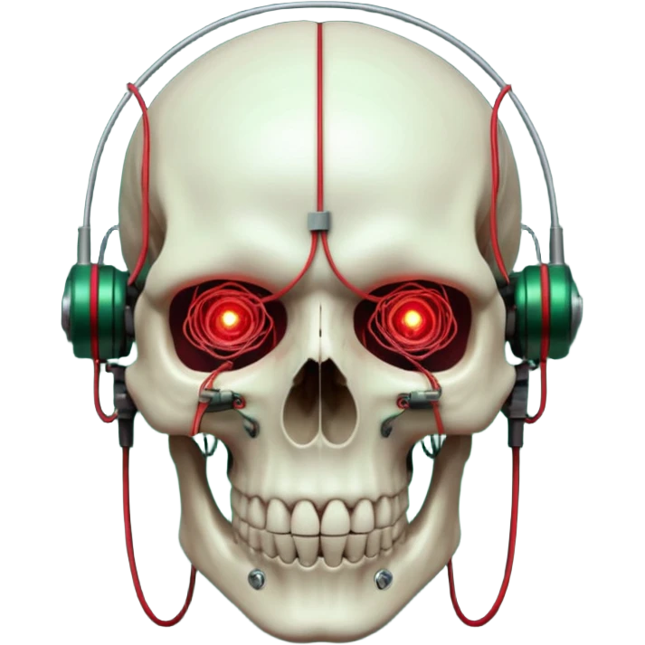 Cyberpunk shield, skull with cybernetic implants, glowing wires, dark green and red tones, no background emoji