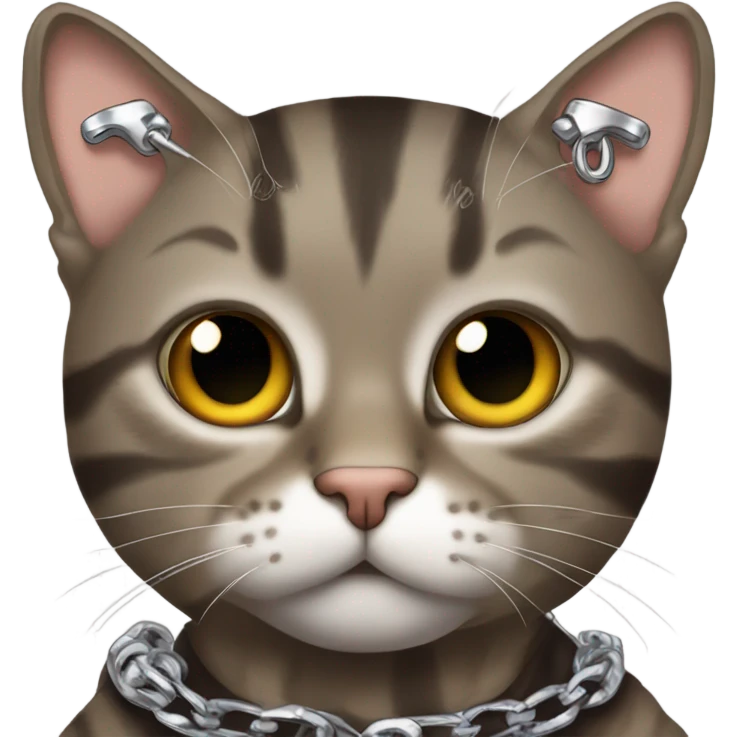 Brown tabby cat with an emo band shirt and a silver chains emoji