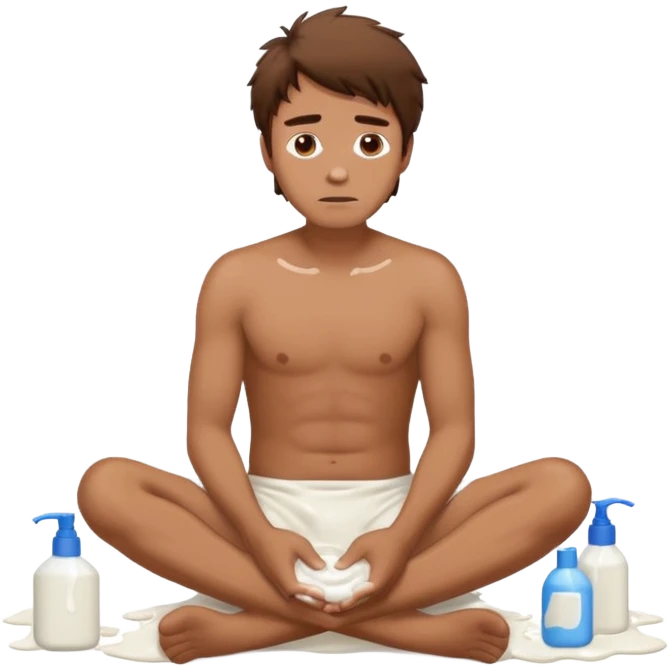 Man sitting on the floor exhausted covered in white lotion emoji