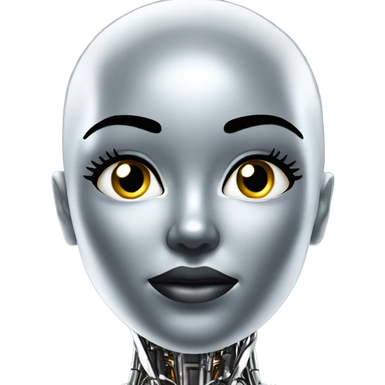 Create a bald female robot in chrome metal color in a futuristic environment emoji