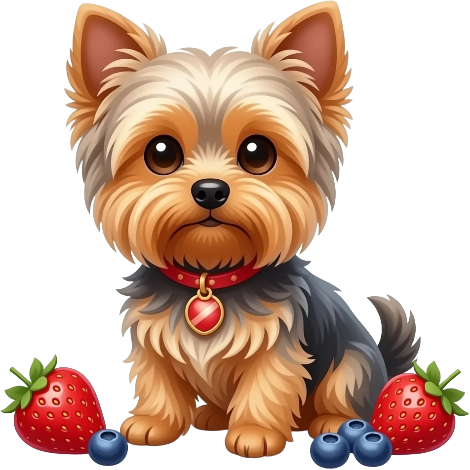 Yorkie dog sitting with strawberries and blueberries emoji