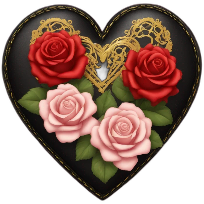 black leather heart and roses with red lace overlay and gold border emoji