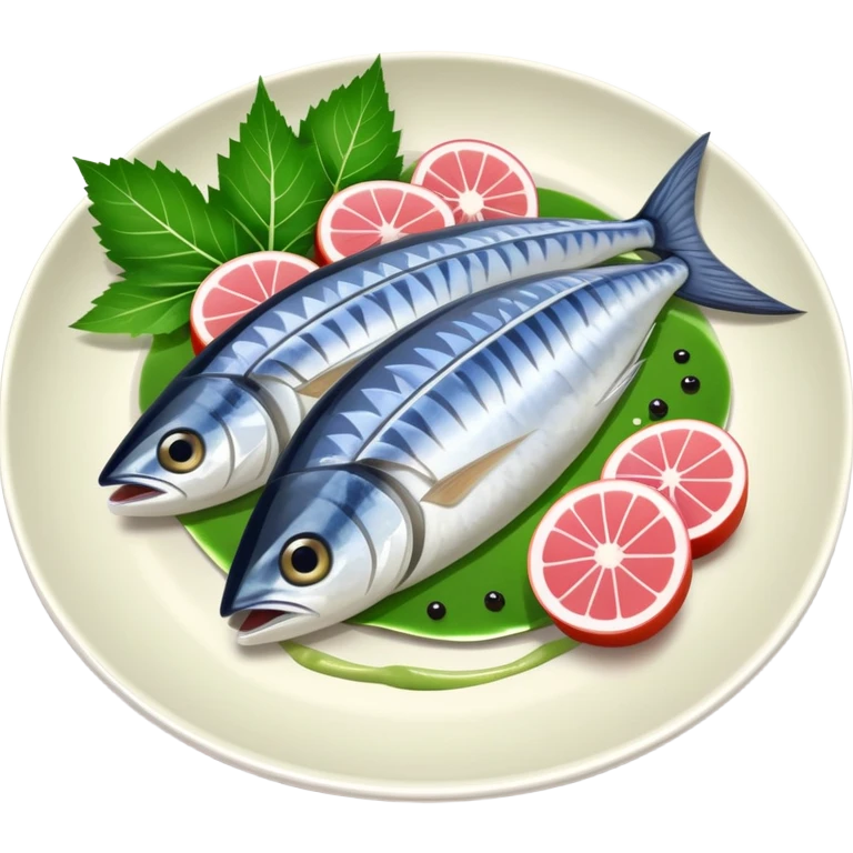 mackerel sashimi on a plate with shiso leaf and wasabi emoji