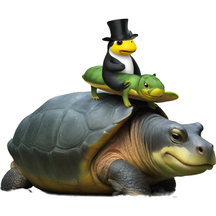À turtle riding a hippo with a hat behind a peinguin emoji