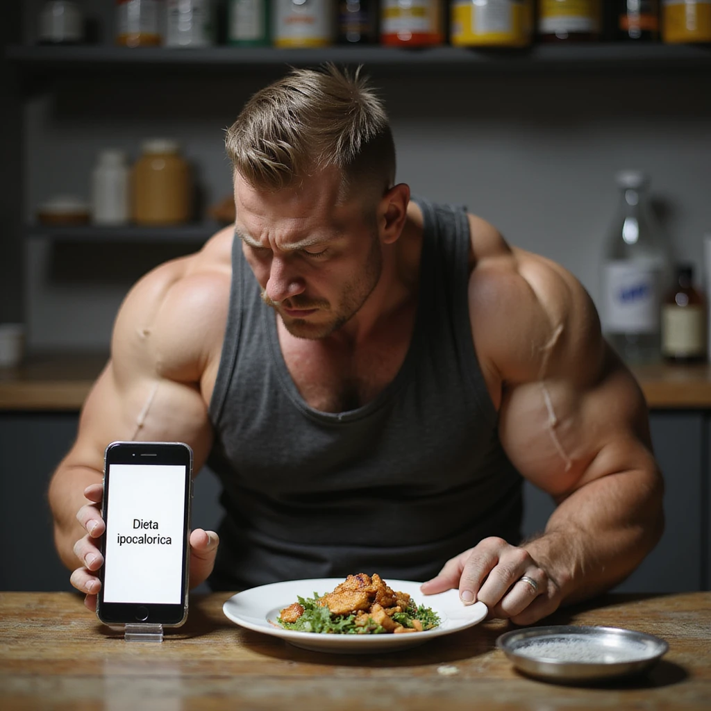 realistic bodybuilder man in gym clothes sitting at a table with a kitchen scale and a small plate with minimal food portions. Next to it, a phone app with the text 'Dieta ipocalorica'. Frustrated expression, gaze at the plate. Background with supplements and water. Realistic style. emoji
