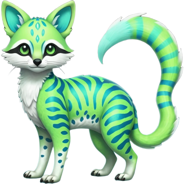 Rare realistic iridescent neon lime-green & cyan white gradients lush tropical exotic cute epic pretty beautiful handsome gorgeous aesthetic colorful vibrant Vernid-Protogen-Primagen-Wickerbeast-Genet-Trico-species-Fakemon-hybrid-creature by LiLaiRa, beautiful intricate markings, full body emoji