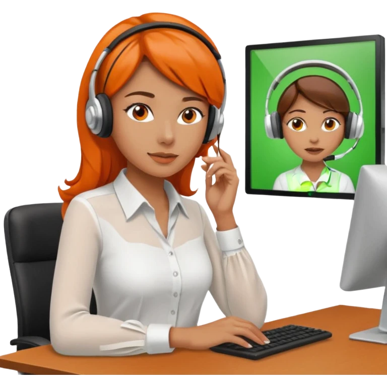 a woman sitting in the office, wearing a blouse and a headset. she is controling the limits on screen. green = ok, orange = am Limit, rot = überschritten emoji